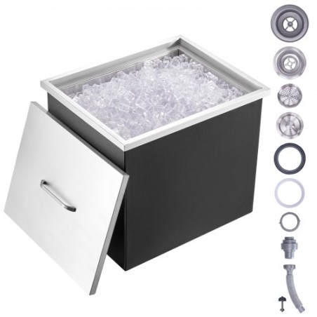 Drop in Ice Chest, 21"L x 17"W x 18"H Stainless Steel Ice Cooler, Commercial Ice Bin with Cover, 40 qt Outdoor Kitchen Ice Bar,