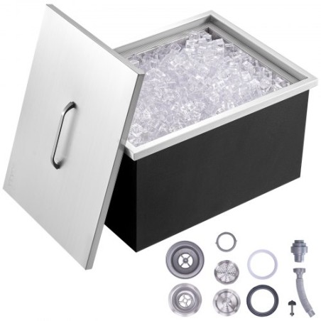 Drop in Ice Chest, 20"L x 14"W x 12"H Stainless Steel Ice Cooler, Commercial Ice Bin with Cover, 40 qt Outdoor Kitchen Ice Bar,