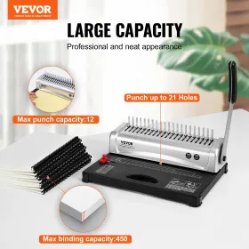 Binding Machine, Comb Binding Machine 21-Holes Binding 450 Sheets, Book Binder Machine with 100 PCS 3/8'' Comb Binding Spines,