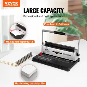 Coil Spiral Binding Machine, Manual Book Maker 34-Holes Binding 120 Sheets, Punch Binder with Adjustable Side Margin, for