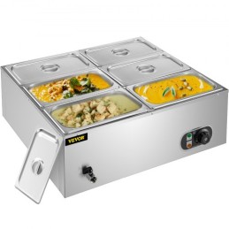 Countertop Food Warmer 6-Pan Commercial Food Warmer 850W Electric Countertop Steam Table 15cm/6inch Deep Stainless Steel Bain