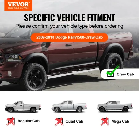 Running Boards, 6" Step Bars Compatible with 2009-2018 Dodge Ram 1500/2010-2023 Ram 2500/3500 (Includes 2019-2023 Classic) Crew 