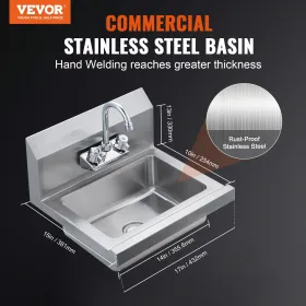 Commercial Hand Sink with Faucet, NSF Stainless Steel Sink for Washing, Small Hand Washing Sink, Wall Mount Hand Basin, Utility