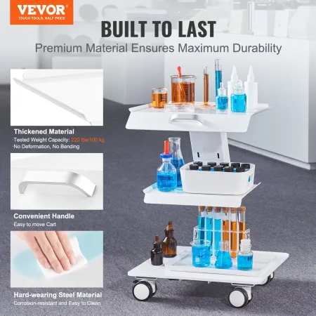 Lab Trolley, 3-Layer Rolling Lab Cart, Metal Mobile Trolley with Swivel Wheels, Tray Rolling Clinic Cart 100 kg Weight Capacity,