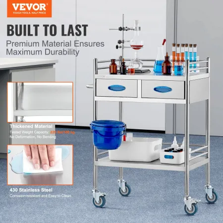Lab Serving Cart, 2 Layers Stainless Steel Utility Rolling Cart, Medical Cart with Two Drawers, Dental Utility Cart with Lockabl