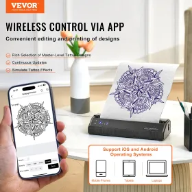 Tattoo Transfer Stencil Printer, Wireless Bluetooth Tattoo Stencil Printer Machine with 10Pcs Transfer Paper and Cloth Bag, Port