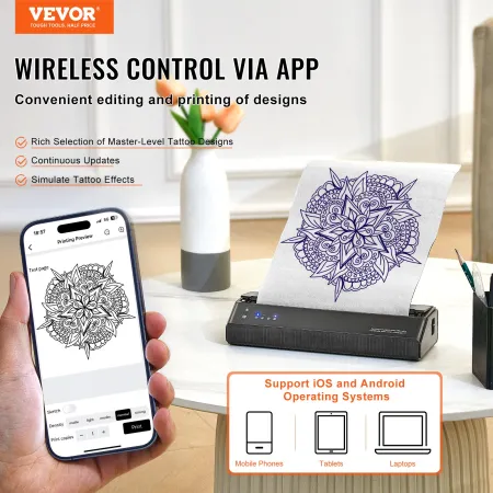 Tattoo Transfer Stencil Printer, Wireless Bluetooth Tattoo Stencil Printer Machine with 10Pcs Transfer Paper and Cloth Bag, Port