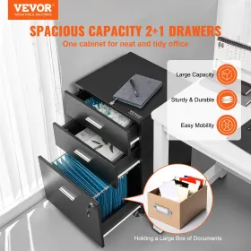 File Cabinet, 3-Drawer Wood Filing Cabinet, Locking Office Cabinet for Letter/A4 Size, File Cabinet with 5 Wheels for Home