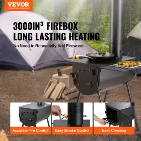 Wood Stove, 118 inch, Alloy Steel Camping Tent Stove, Portable Wood Burning Stove with Chimney Pipes & Gloves, 3000inÂ³Firebox