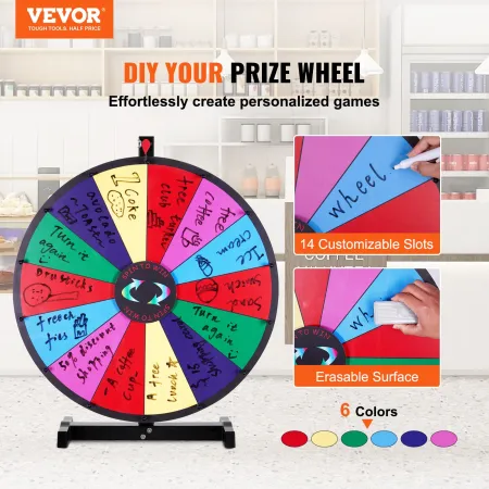 24 inch Spinning Prize Wheel, 14 Slots Tabletop Spinner, Heavy Duty Roulette Wheel with a Dry Erase and 2 Markers, Win Fortune S