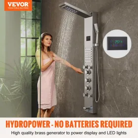 Shower Panel System, 6 Shower Modes, LED & Screen Hydroelectricity Shower Panel Tower, Rainfall, Waterfall, 5 Massage Jets, Tub 