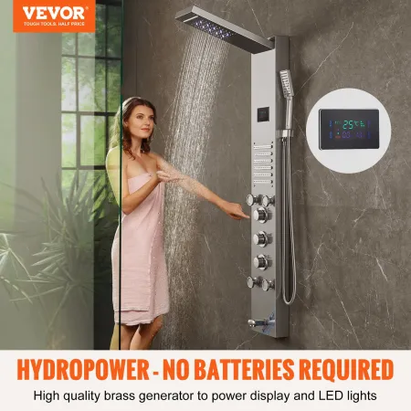 Shower Panel System, 6 Shower Modes, LED & Screen Hydroelectricity Shower Panel Tower, Rainfall, Waterfall, 5 Massage Jets, Tub 