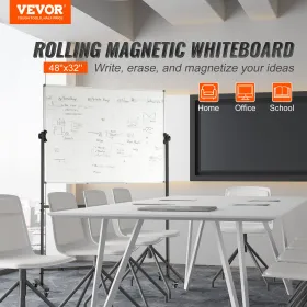 Rolling Whiteboard, 48x32 inch Double-Sided Magnetic Mobile Whiteboard, 360Â° Reversible Adjustable Height Dry Erase Board with
