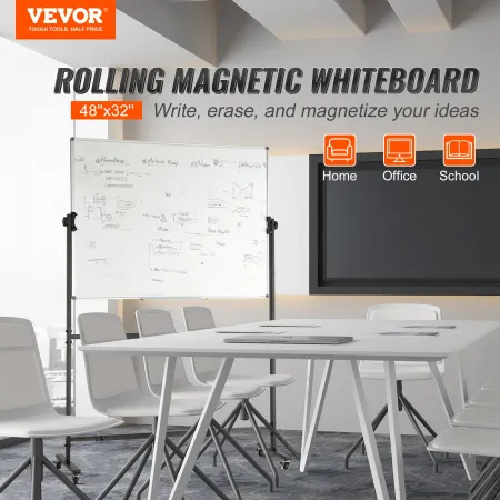 Rolling Whiteboard, 48x32 inch Double-Sided Magnetic Mobile Whiteboard, 360° Reversible Adjustable Height Dry Erase Board with W