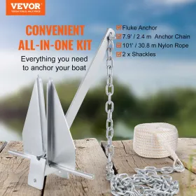 Fluke Style Anchor Kit, 13 LBS Hot-Dipped Galvanized Steel Fluke Anchor with 7.9' Chain, 101' Rope and Two 0.4" Shackles,