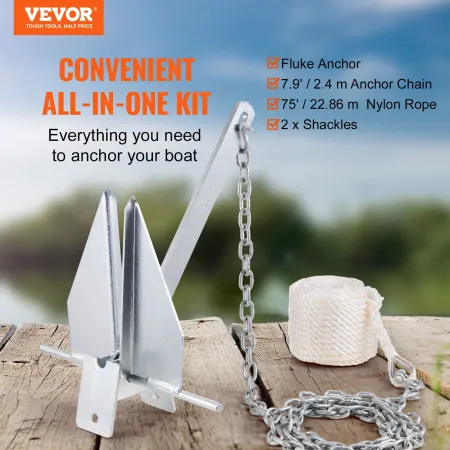 Fluke Style Anchor Kit, 8.5 LBS Hot-Dipped Galvanized Steel Fluke Anchor with 7.9' Chain, 75' Rope and Two 0.4" Shackles, Marine