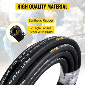 Hydraulic Hose 3/8 inch x 50 ft, Coiled Hydraulic Hose 4800 PSI, Rubber Hydraulic Hose with 2 High-Tensile Steel Wire Braid,