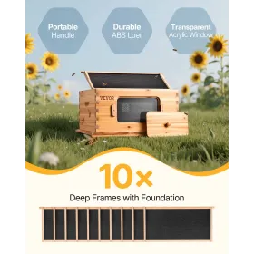Bee Hive Deep Box Starter Kit, 100% Beeswax Coated Natural Cedar Wood, Langstroth Beehive Kit with 10 Frames and Foundations,