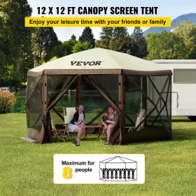 Pop-up Camping Gazebo Camping Canopy Shelter 6 Sided 12' x 12' Sun Shade