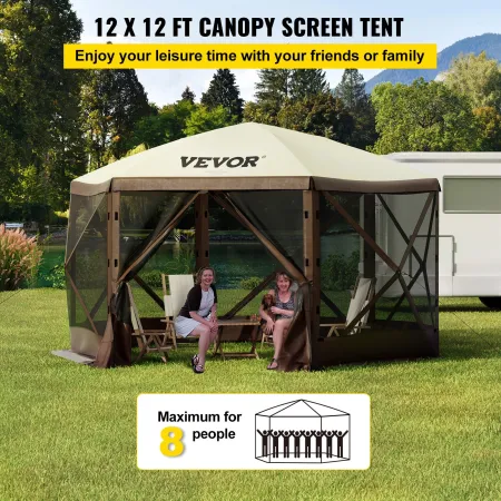 Gazebo Screen Tent, 12 x 12 ft, 6 Sided Pop-up Camping Canopy Shelter Tent with Mesh Windows, Portable Carry Bag, Ground Stakes,