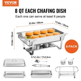 Chafing Dish Buffet Set, 8 Qt 6 Pack, Stainless Chafer with 6 Full Size Pans, Rectangle Catering Warmer Server with Lid Water
