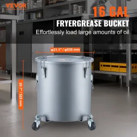 Fryer Grease Bucket, 16 Gal Oil Disposal Caddy with Caster Base, Carbon Steel Rust-Proof Coating, Oil Transport Container with
