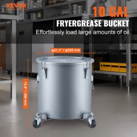 Fryer Grease Bucket, 10 Gal Oil Disposal Caddy with Caster Base, Carbon Steel Rust-Proof Coating, Oil Transport Container with