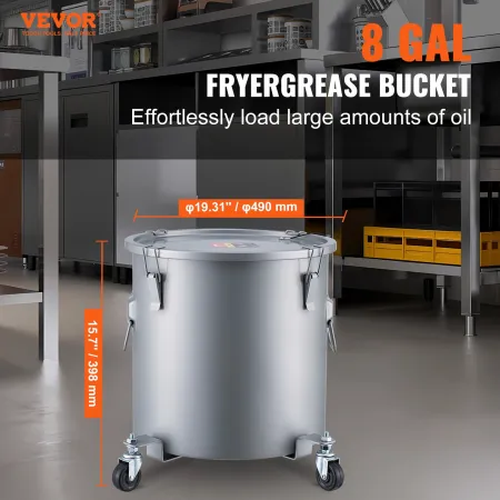 Fryer Grease Bucket, 8 Gal Oil Disposal Caddy with Caster Base, Carbon Steel with Rust-Proof Coating, Oil Transport Container wi