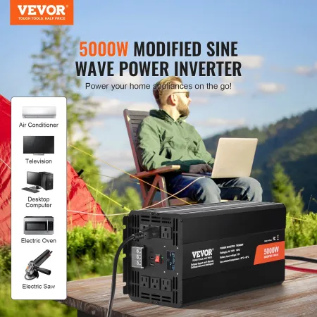 Modified Sine Wave Inverter, 5000W, DC 12V to AC 230V Power Inverter with 2 AC Outlets 2 USB Port 1 Type-C Port, LCD Display and