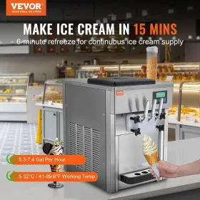 Commercial Soft Serve Ice Cream Machine 20L/H Yield 3 Flavor Countertop