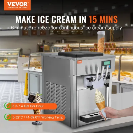 Commercial Ice Cream Machine, 21 QT/H Yield, 1800W 3-Flavor Countertop Soft Serve Ice Cream Maker, 2 x 4L Hopper 2 x 1.8L Cylind
