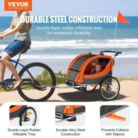 Bike Trailer for Toddlers, Kids, Double Seat, 88 lbs Load, 2-In-1 Canopy Carrier Converts to Stroller, Tow Behind Foldable