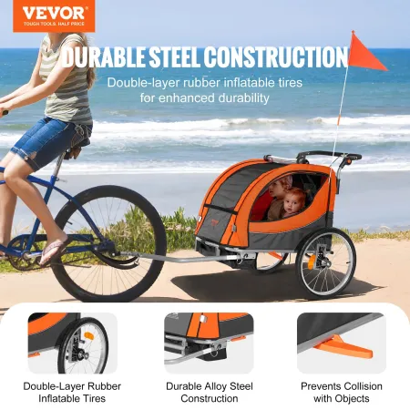 Bike Trailer for Toddlers, Kids, Double Seat, 88 lbs Load, 2-In-1 Canopy Carrier Converts to Stroller, Tow Behind Foldable Child