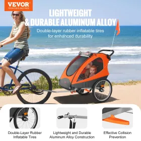 Bike Trailer for Toddlers, Kids, Double Seat, 120 lbs Load, 2-In-1 Canopy Carrier Converts to Stroller, Tow Behind Foldable