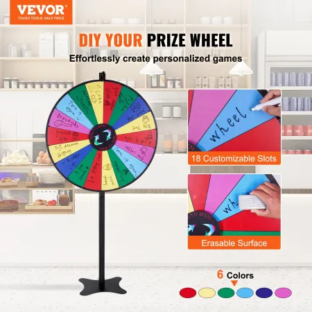 36 inch Spinning Prize Wheel, 18 Slots Spinning Wheel, Roulette Wheel with a Dry Erase and 2 Markers, Tabletop or Floor Standing