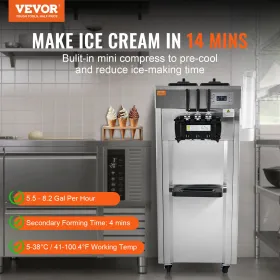 Commercial Soft Serve Ice Cream Machine Maker 21-31 L/H Yield 3-Flavor