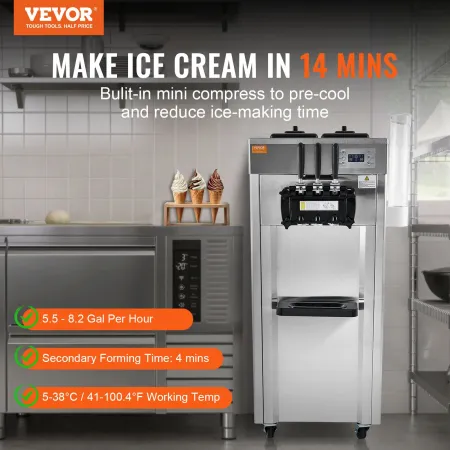 Commercial Ice Cream Machine, 21-31 L/H Yield, 1670W 3-Flavor Freestanding Soft Serve Ice Cream Maker, 2 x 4.3L Stainless Steel 