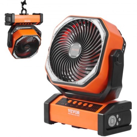228.6mm Portable Fan Rechargeable with LED Lantern 4 Speeds Swivel Timer