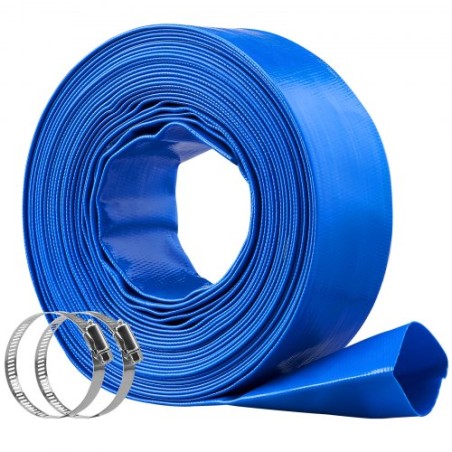 Backwash Hose, 2 in x 50 ft, Heavy-Duty PVC Flat Pool Discharge Hose with Clamps, Weather and Burst Resistant, Compatible with