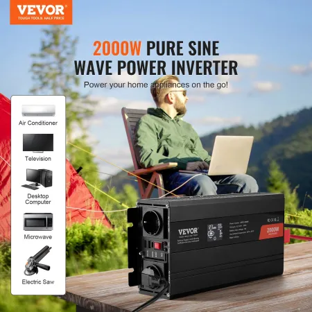 Ren sinusbølgekraft Inverter 2000W DC12V til AC230V LCD