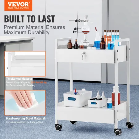 Lab Cart, 2 Tiers Stainless Steel Utility Cart, Medical Cart with 2 Drawers, Rolling Lab Cart White Paint, Serving Cart with Swi