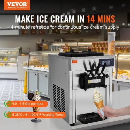 Commercial Ice Cream Machine, 18-28 L/H Yield, 1650W 3-Flavor Countertop Soft Serve Ice Cream Maker, 2 x 5.5L Stainless Steel Cy