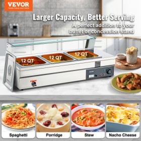 Commercial Electric Food Warmer Countertop Buffet 3*12Qt with Glass Shield