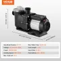 Above Ground Pool Pump, 1491W(2 HP), 435 L/min(115 GPM) Max. Flow Single Speed Swimming Pool Pump, 220V 2850RPM 15M Max. Head Li
