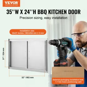 BBQ Access Door, 889x610 mm Double Outdoor Kitchen Door, Stainless Steel Flush Mount Door, Wall Vertical Door with Handles, for