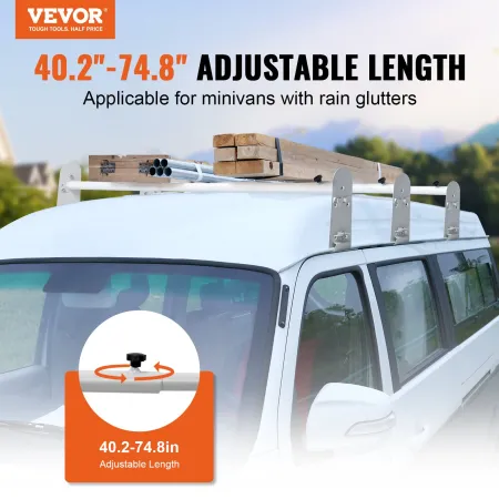 Van Roof Ladder Rack, 3 Bars Alloy Steel Roof Racks, 340 kg Capacity Rain-Gutter Roof Rack, Adjustable Length 40.2" to 74.8", Va