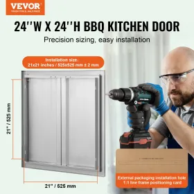 BBQ Access Door, 610x610 mm Double Outdoor Kitchen Door, Stainless Steel Flush Mount Door, Wall Vertical Door with Recessed