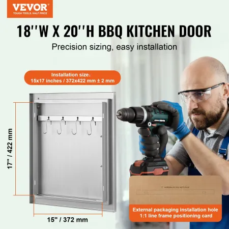 BBQ Access Door, 457x508 mm Single Outdoor Kitchen Door, Stainless Steel Flush Mount Door, Wall Vertical Door with Handle and Ho