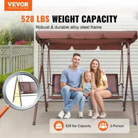 3-Seat Patio Swing Chair, Outdoor Patio Swing with Adjustable Canopy, Porch Swing with Armrests, Teslin Fabric and Alloy Steel