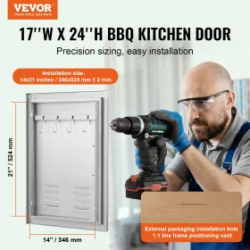 BBQ Access Door, 610x431 mm Single Outdoor Kitchen Door, Stainless Steel Flush Mount Door, Wall Vertical Door with Handle,